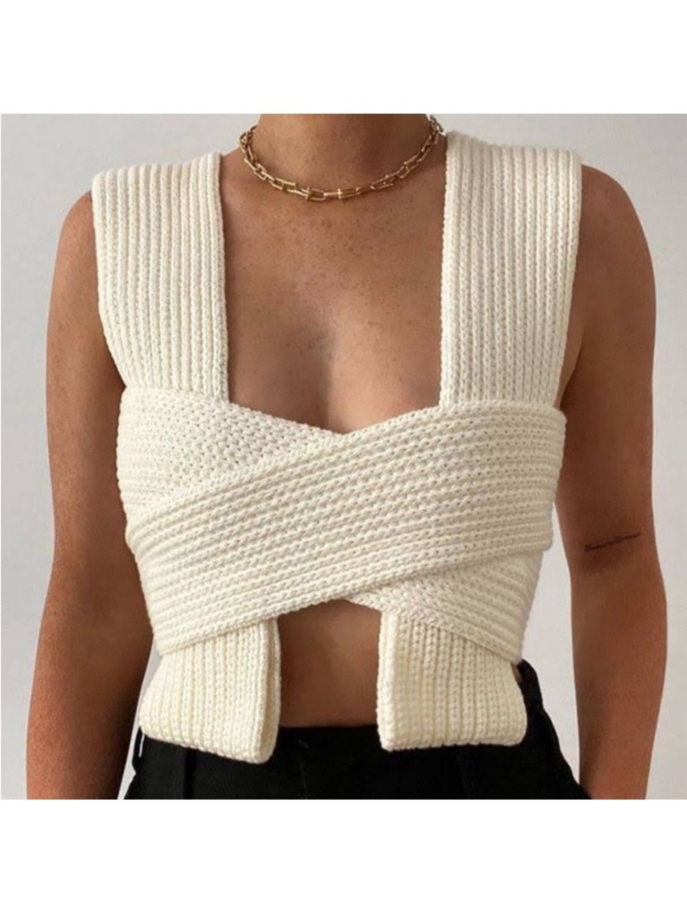 Simonett Cream Ribbed Cross-Front Knit Crop Top